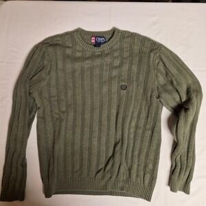 CHAPS Mens Sweater Olive Green Ribbed Knit Crew Neck Long Sleeve Cotton Size L G